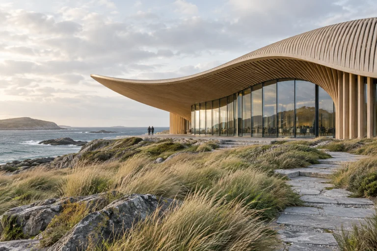 Coastal architecture accompanying a fictional story