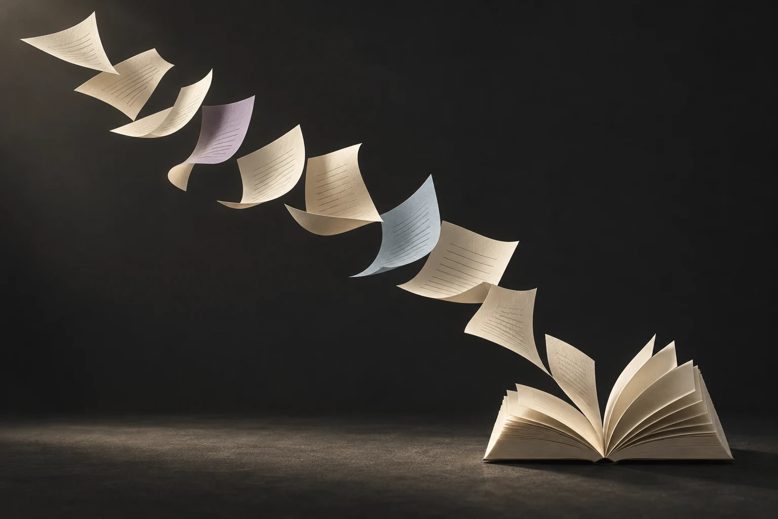 A sculpture of individual paper sheets gathering into a small open book