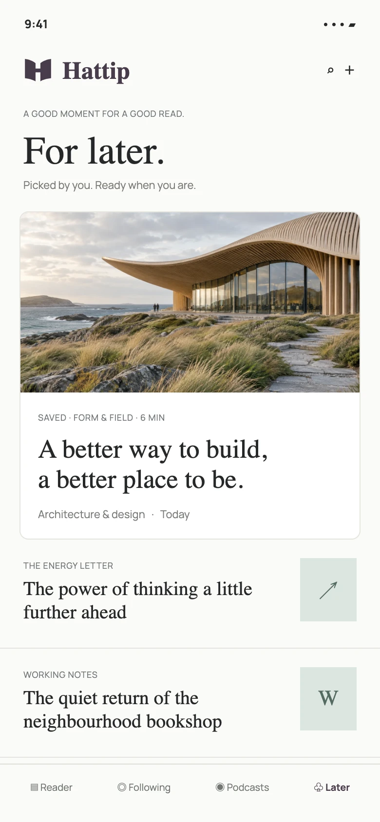 iPhone concept: Hattip reading list with an architectural feature and saved stories