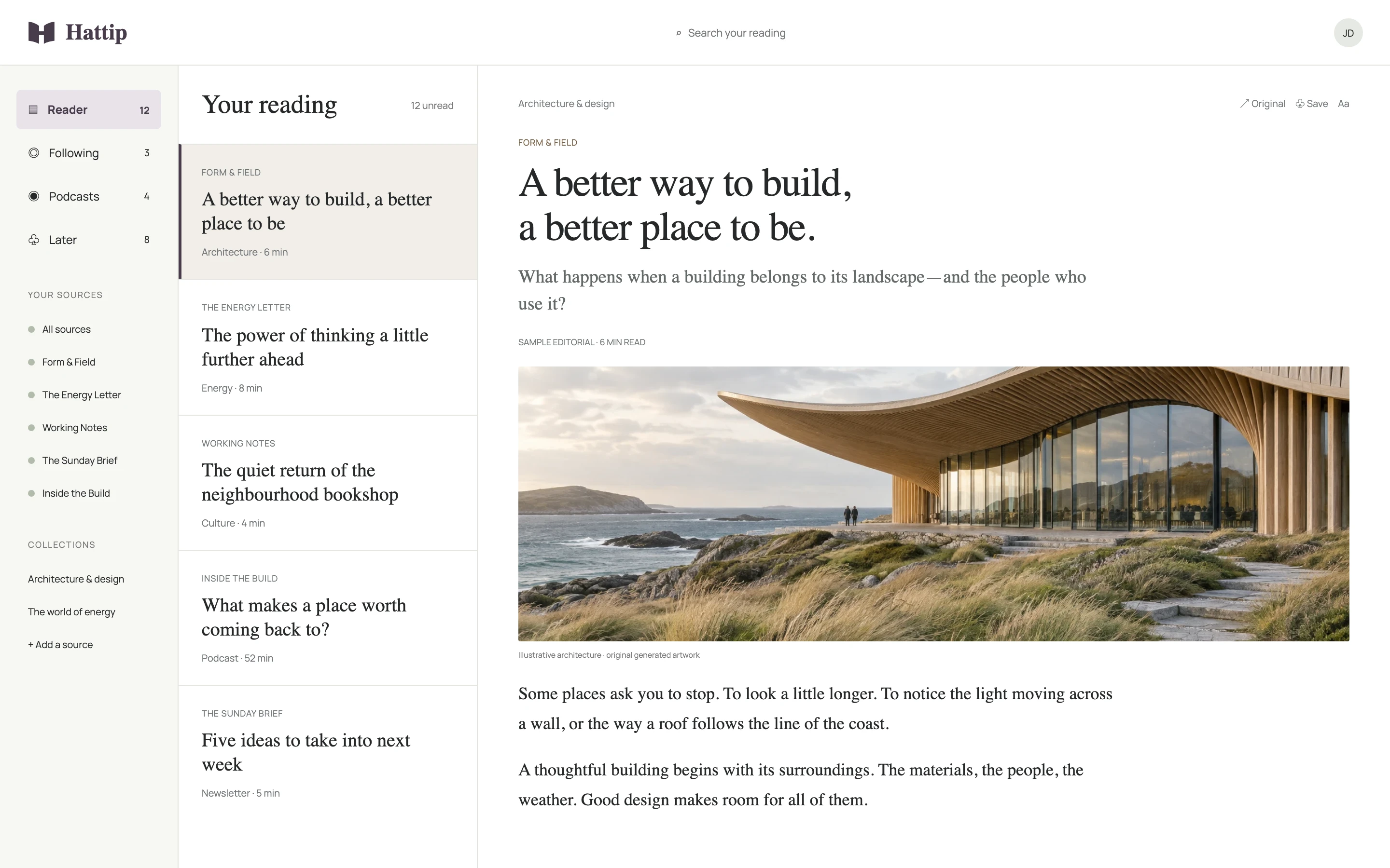 Chrome Reader concept with publication navigation, unread stories and a spacious reading pane